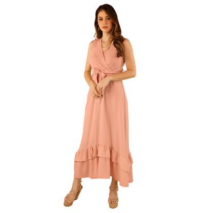 Vestido Largo Mujer Envolvente Escote V Cinturón Ajustable Volantes