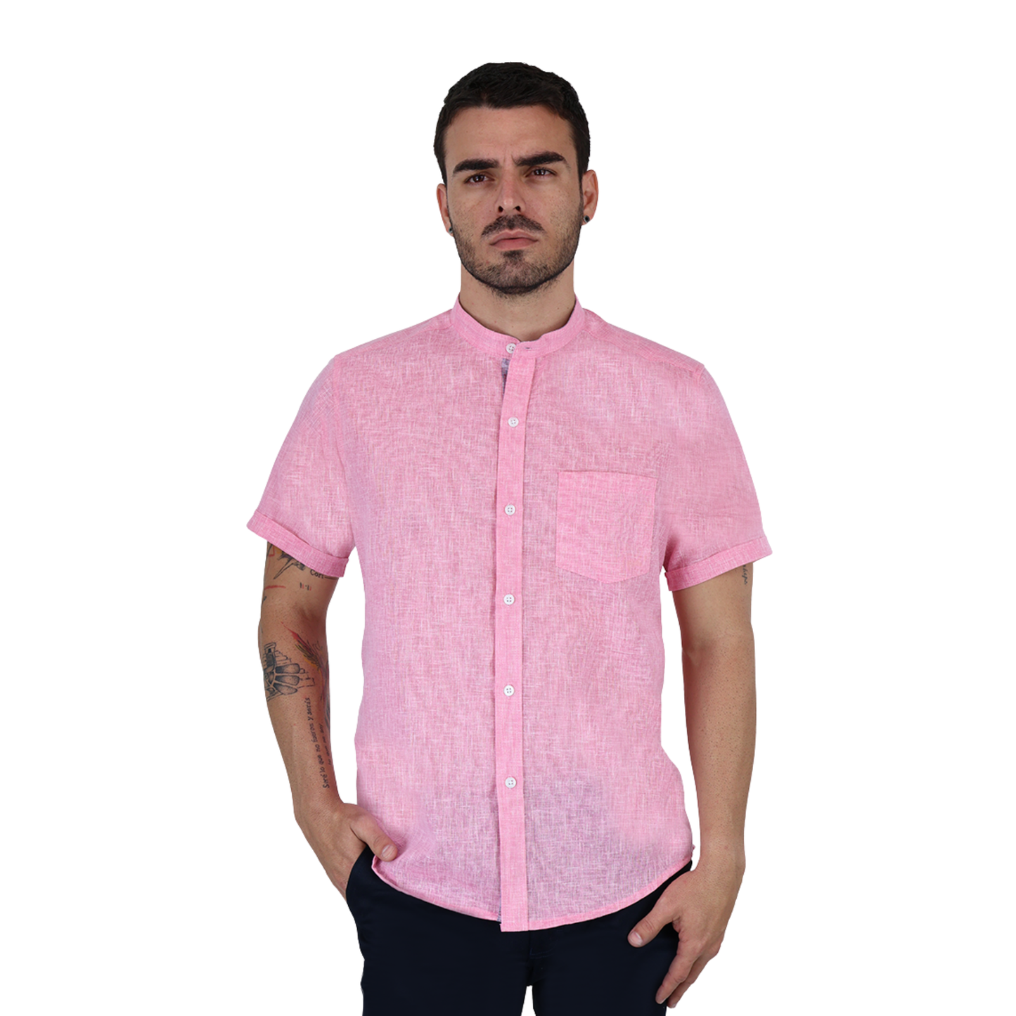 Camisa Manga Corta Look De Lino Cuello Mao Para Hombre