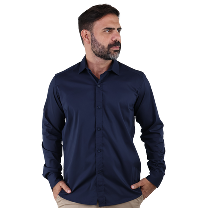 Camisa de Vestir Moda Manga Larga Slim Fit Azul Marino  Para Hombre