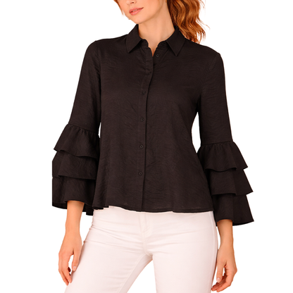 Women's Modern Black Long Sleeve Blouse with Ruffles and Buttons