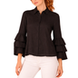 Women's Modern Black Long Sleeve Blouse with Ruffles and Buttons