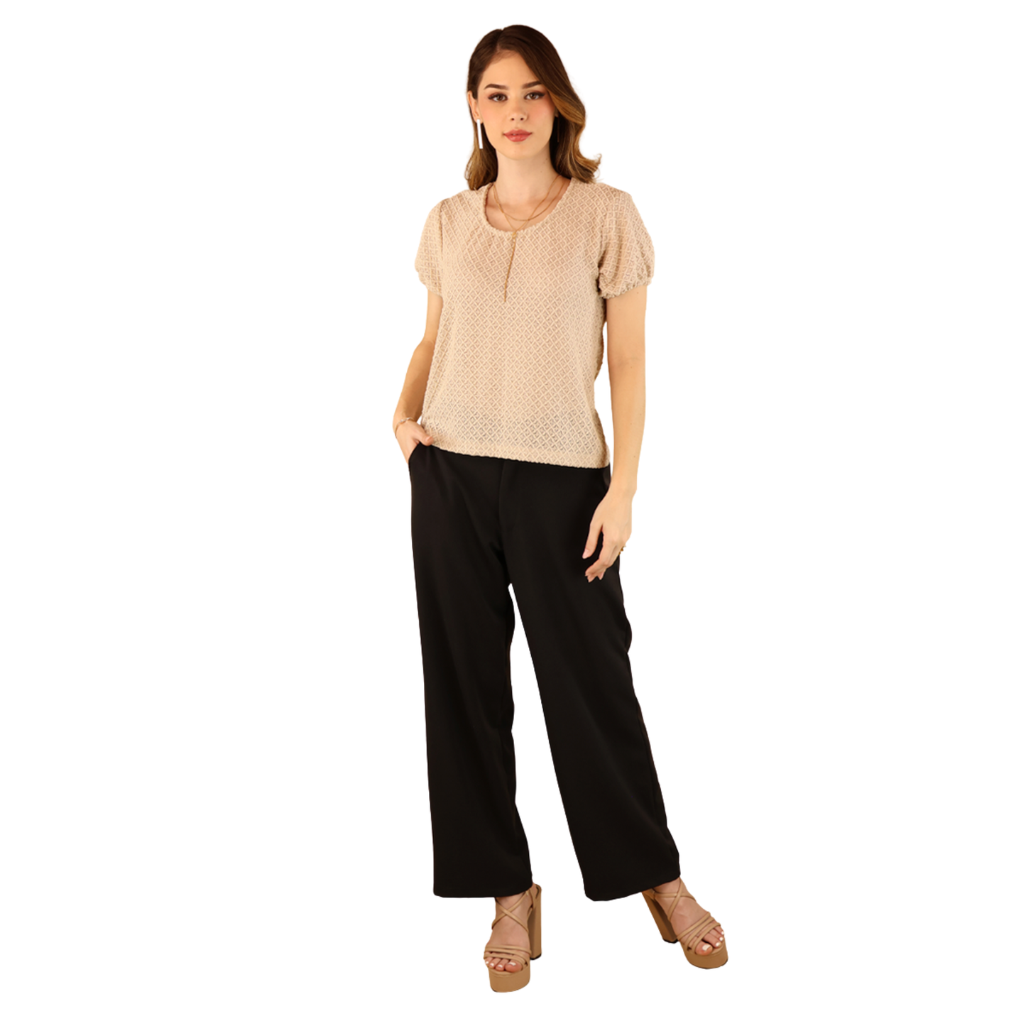 Blusa Manga Corta Mujer Ajuste Elástico Tela Acanalada Color Caqui