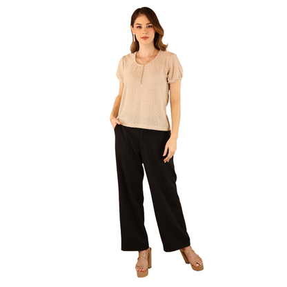 Blusa Manga Corta Mujer Ajuste Elástico Tela Acanalada Color Caqui