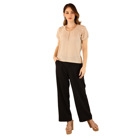 Blusa Manga Corta Mujer Ajuste Elástico Tela Acanalada Color Caqui