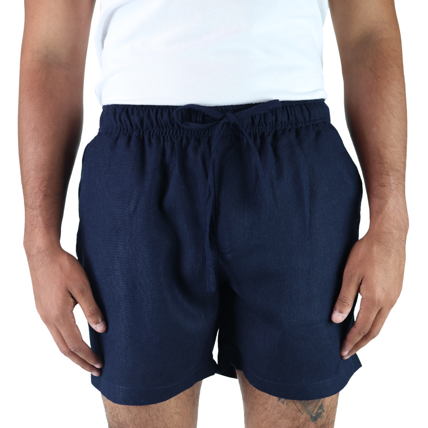 Short Textura Lino Azul Marino Cintura Ajustable Con Bolsas Para Caballero