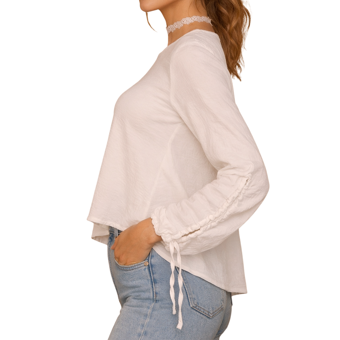 Blusa Blanca Fresca Manga Larga Ajustable Casual Cómoda