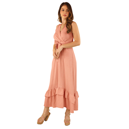 Vestido Largo Mujer Envolvente Escote V Cinturón Ajustable Volantes