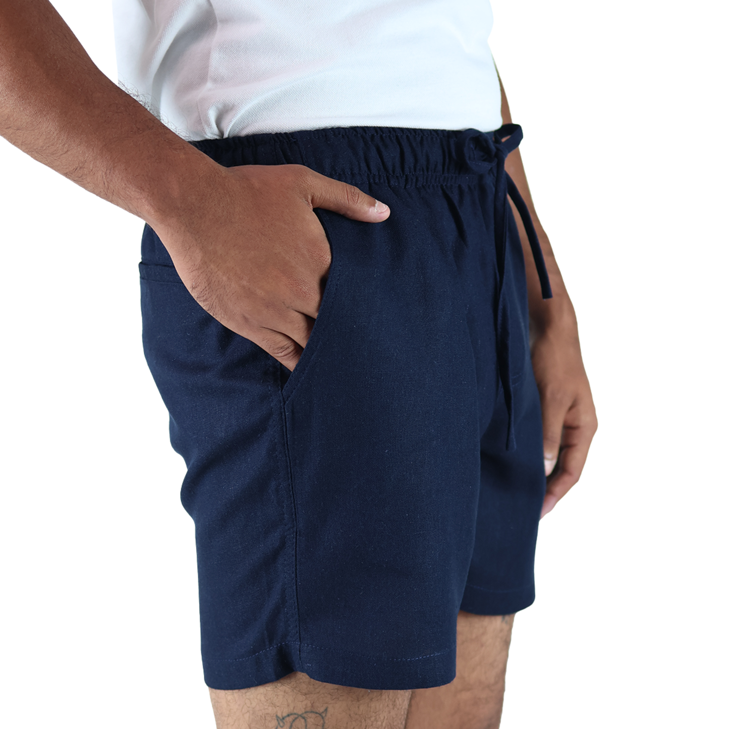 Short Textura Lino Azul Marino Cintura Ajustable Con Bolsas Para Caballero