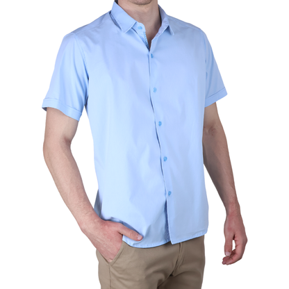 Camisa Básica Azul Cielo Slim Fit Hombre Manga Corta Lisa Casual