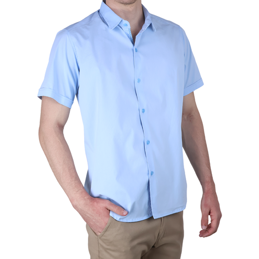 Camisa Básica Azul Cielo Slim Fit Hombre Manga Corta Lisa Casual