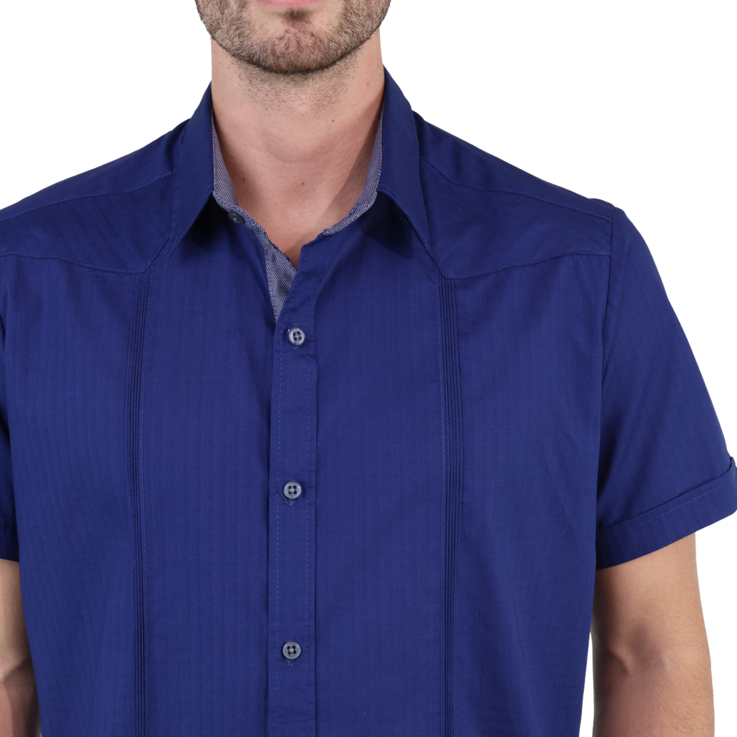 Guayabera Azul Marino De Algodón Manga Corta Con Alforzas Para Hombre