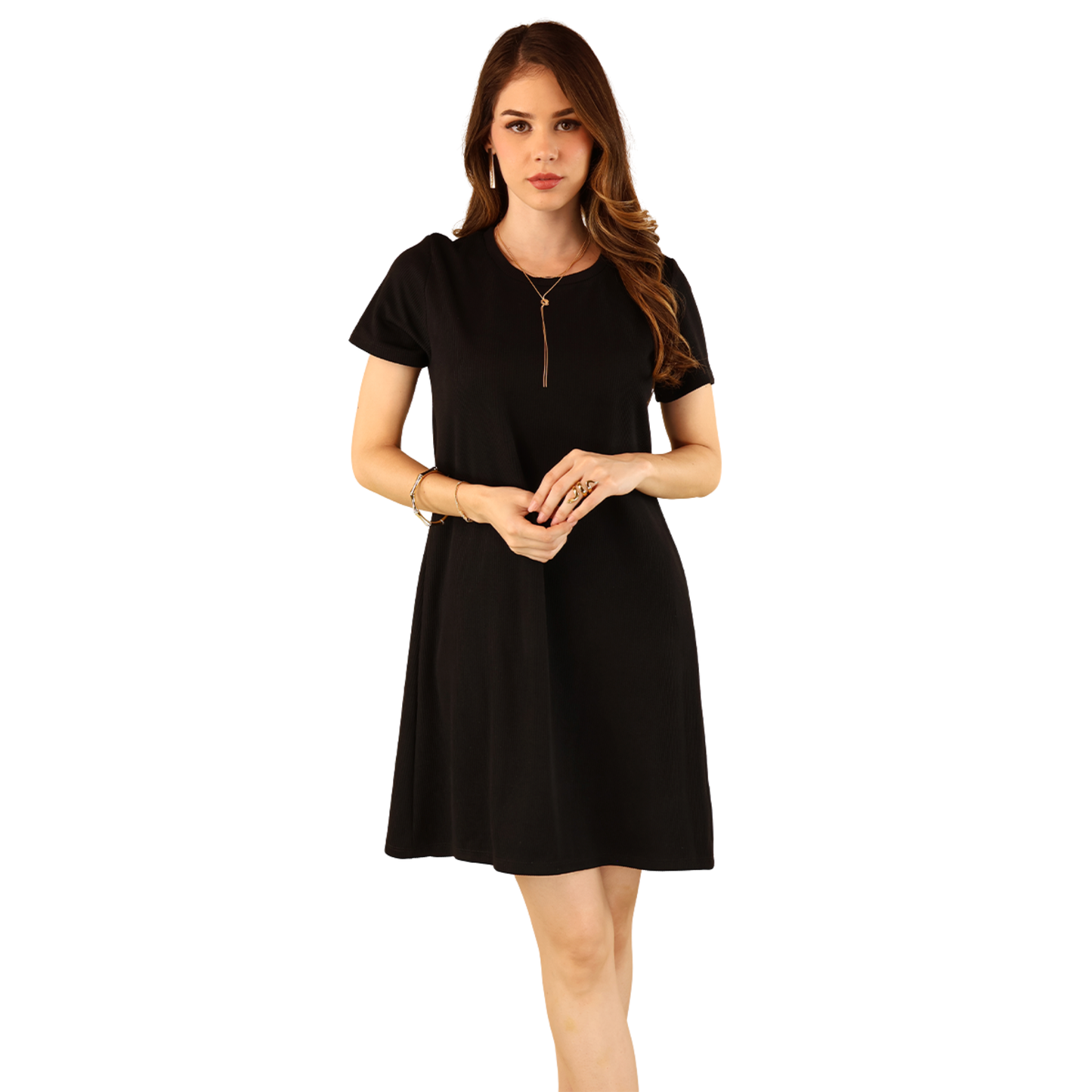 Vestido Negro Casual Básico Mujer Manga Corta Cuello Redondo
