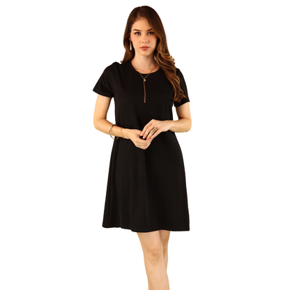 Vestido Negro Casual Básico Mujer Manga Corta Cuello Redondo