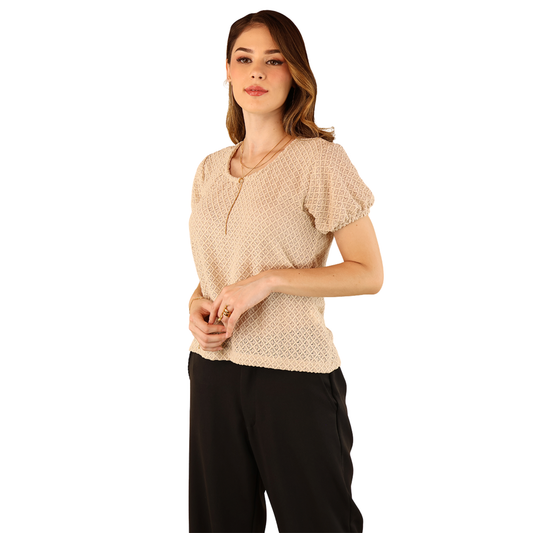 Blusa Manga Corta Mujer Ajuste Elástico Tela Acanalada Color Caqui