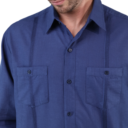 Men's Classic Cut Navy Blue Long Sleeve Guayabera with Pleats and Linen Texture