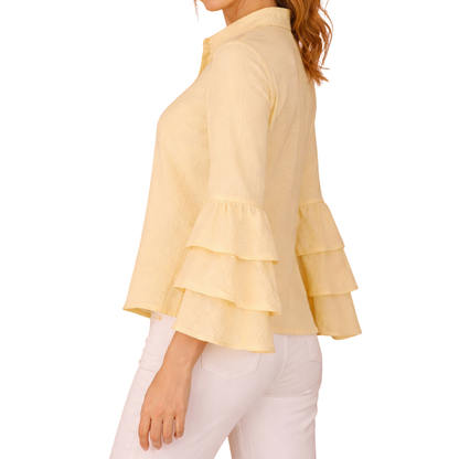Modern Yellow Blouse with Buttons and Ruffled Long Sleeves