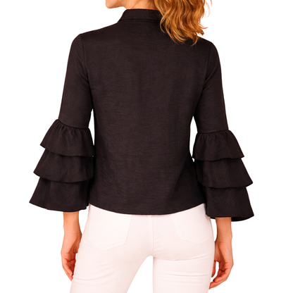 Women's Modern Black Long Sleeve Blouse with Ruffles and Buttons