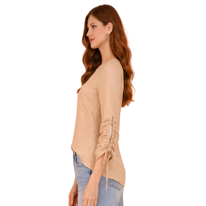 Khaki Blouse Long Sleeve Adjustable Detail Elegant Comfortable