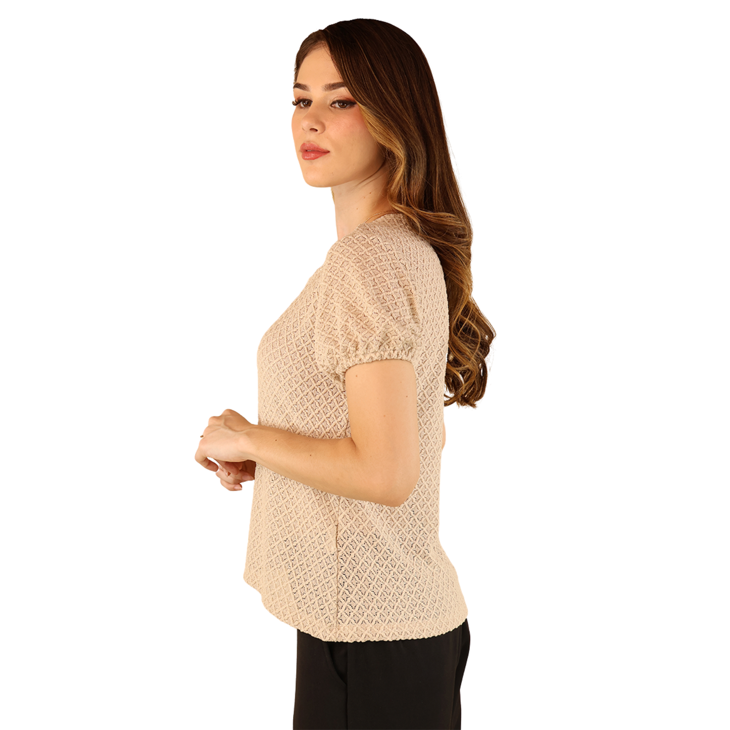 Blusa Manga Corta Mujer Ajuste Elástico Tela Acanalada Color Caqui