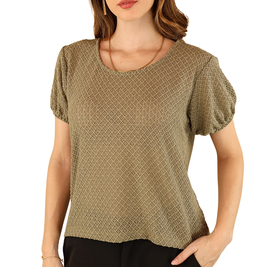 Blusa Mujer Manga Corta Textura Acanalada con Elástico Verde Olivo