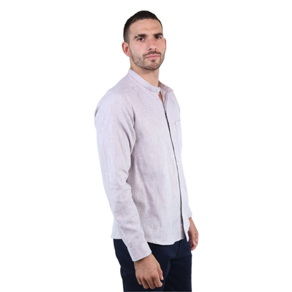 Men's Gray Linen Texture Long Sleeve Slim Fit Mandarin Collar Shirt