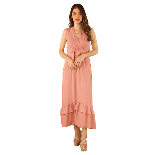 Vestido Largo Mujer Envolvente Escote V Cinturón Ajustable Volantes