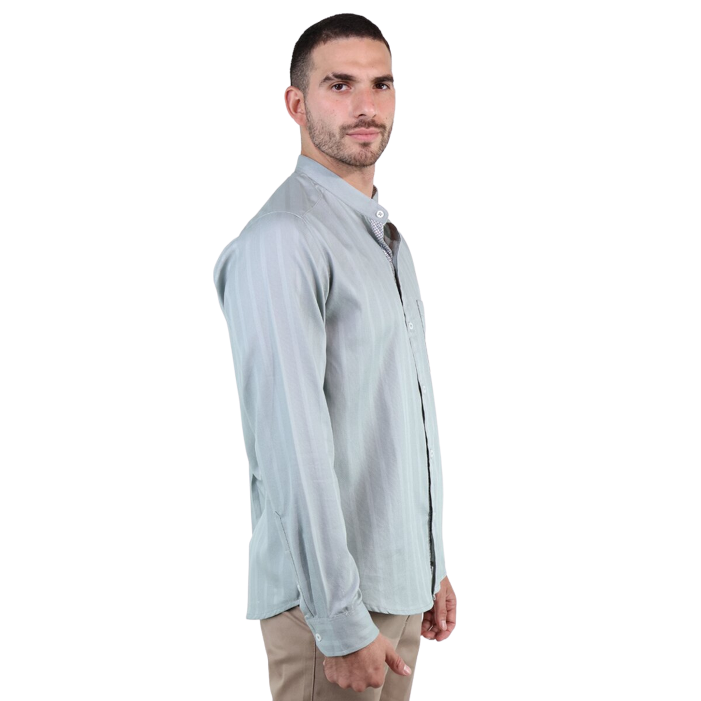 Men's Pistachio Green Long-Sleeved Shirt with Vertical Line Texture