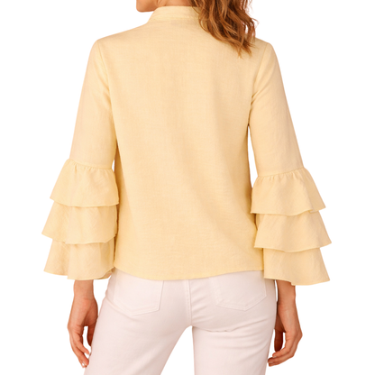 Modern Yellow Blouse with Buttons and Ruffled Long Sleeves