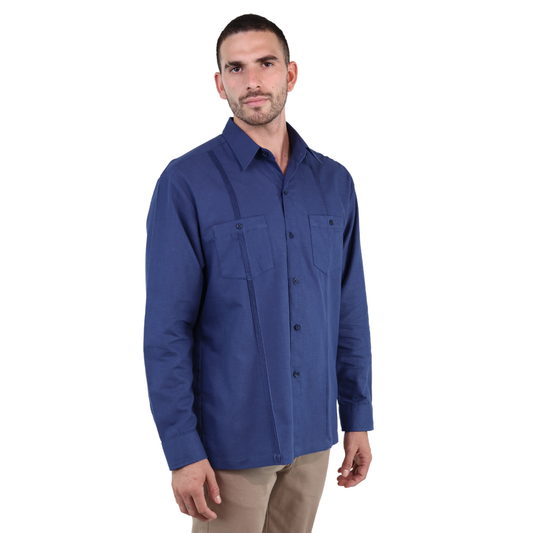 Guayabera Corte Clasico Azul Marino Manga Larga Con Alforza Textura Lino Para Hombre