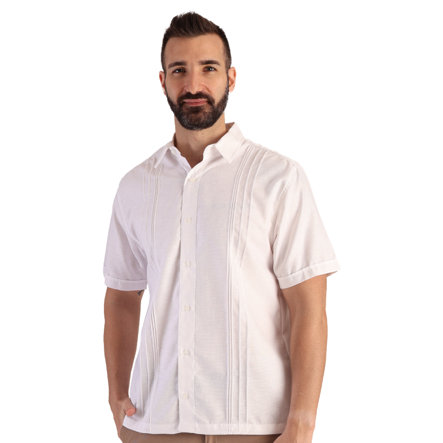 Men's White Short-Sleeve Guayabera with Pin Tucks and Linen Look