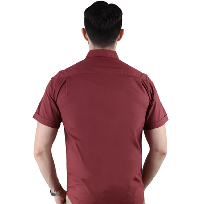 Men's Burgundy Short Sleeve Regular Fit Cotton Shirt