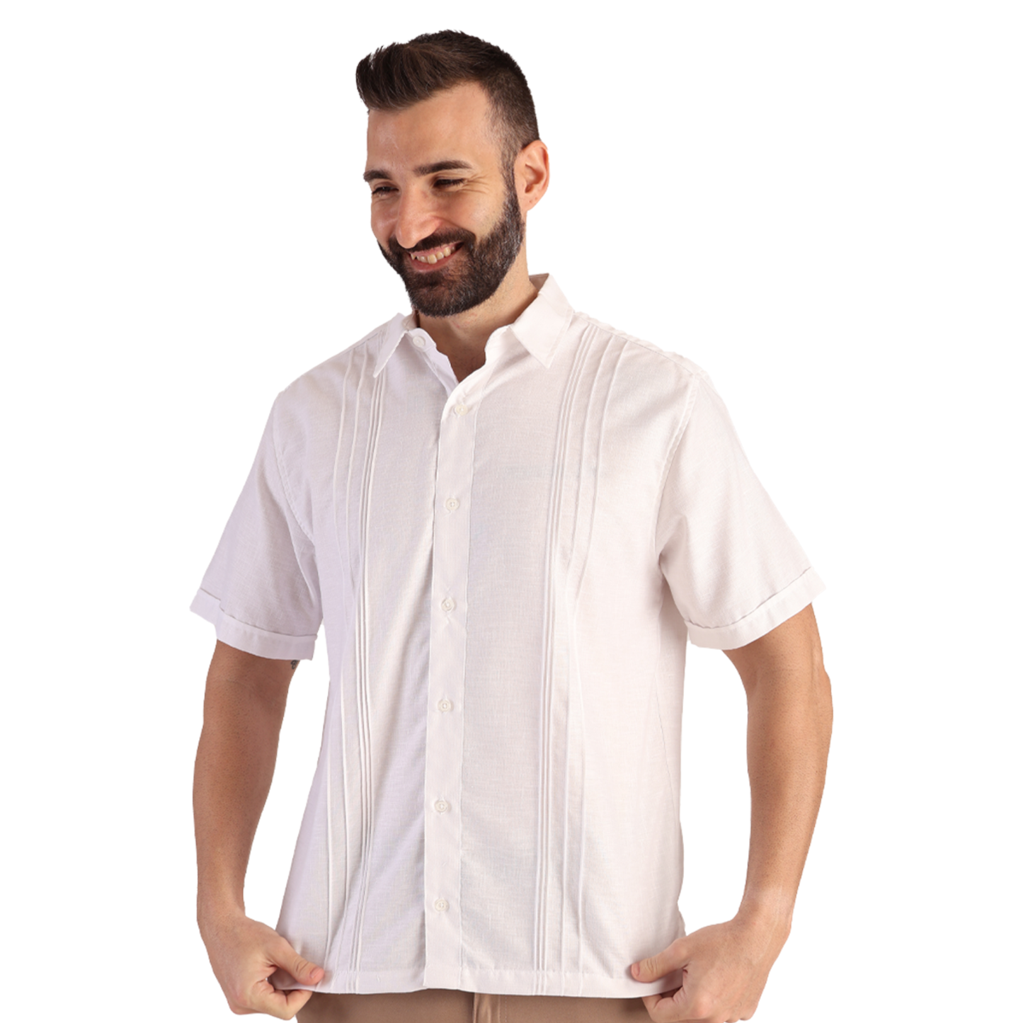 Men's White Short-Sleeve Guayabera with Pin Tucks and Linen Look