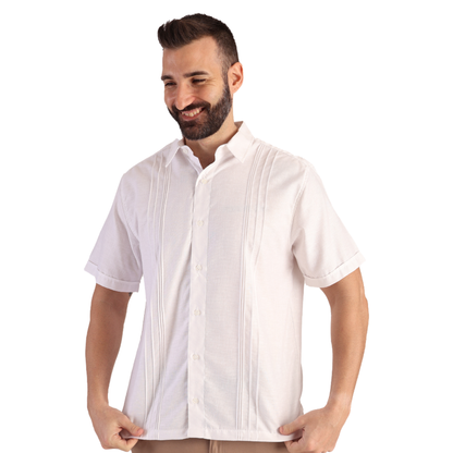 Men's White Short-Sleeve Guayabera with Pin Tucks and Linen Look