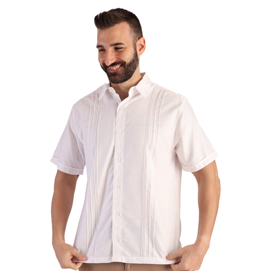 Guayabera Manga Corta Blanca Con Alforzas Look De Lino Para Caballero