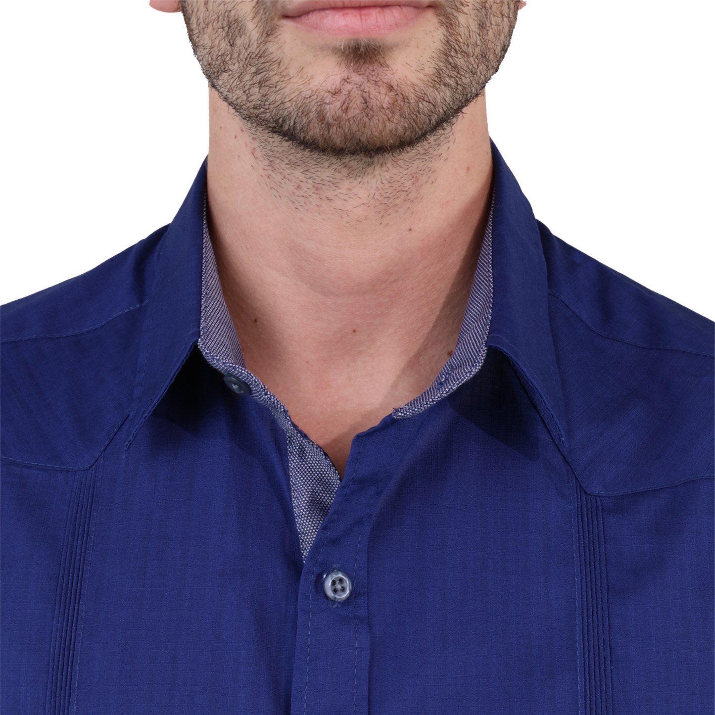 Guayabera Azul Marino De Algodón Manga Corta Con Alforzas Para Hombre