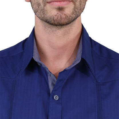 Guayabera Azul Marino De Algodón Manga Corta Con Alforzas Para Hombre