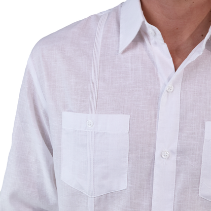 Men's Classic Fit White Long Sleeve Guayabera Italian Collar