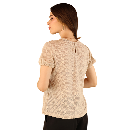 Blusa Manga Corta Mujer Ajuste Elástico Tela Acanalada Color Caqui