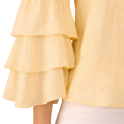 Modern Yellow Blouse with Buttons and Ruffled Long Sleeves
