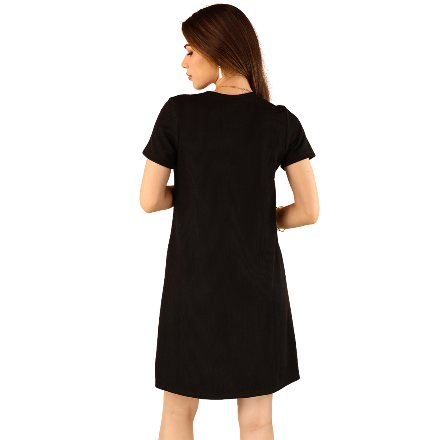 Vestido Negro Casual Básico Mujer Manga Corta Cuello Redondo