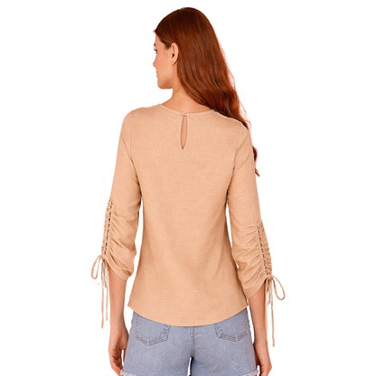 Khaki Blouse Long Sleeve Adjustable Detail Elegant Comfortable