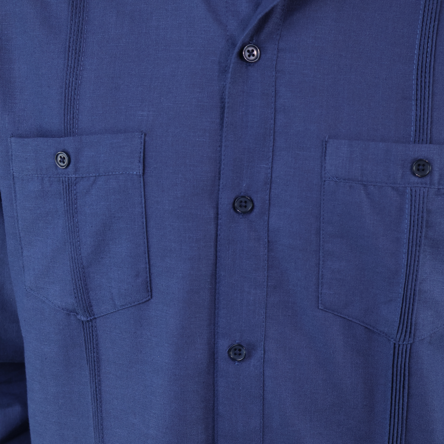 Men's Classic Cut Navy Blue Long Sleeve Guayabera with Pleats and Linen Texture