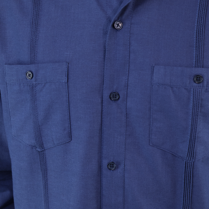 Men's Classic Cut Navy Blue Long Sleeve Guayabera with Pleats and Linen Texture