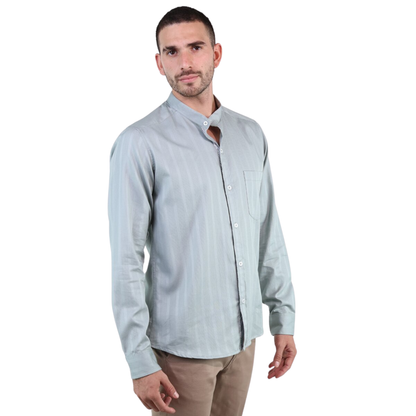 Men's Pistachio Green Long-Sleeved Shirt with Vertical Line Texture