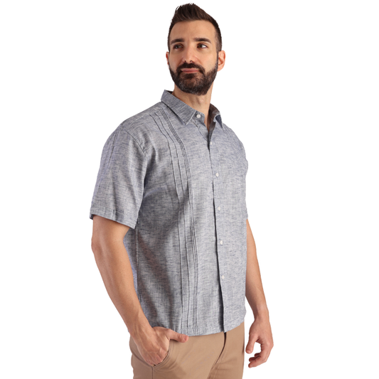 Camisa Tipo Guayabera Azul Marino Manga Corta Look Lino Para Caballero