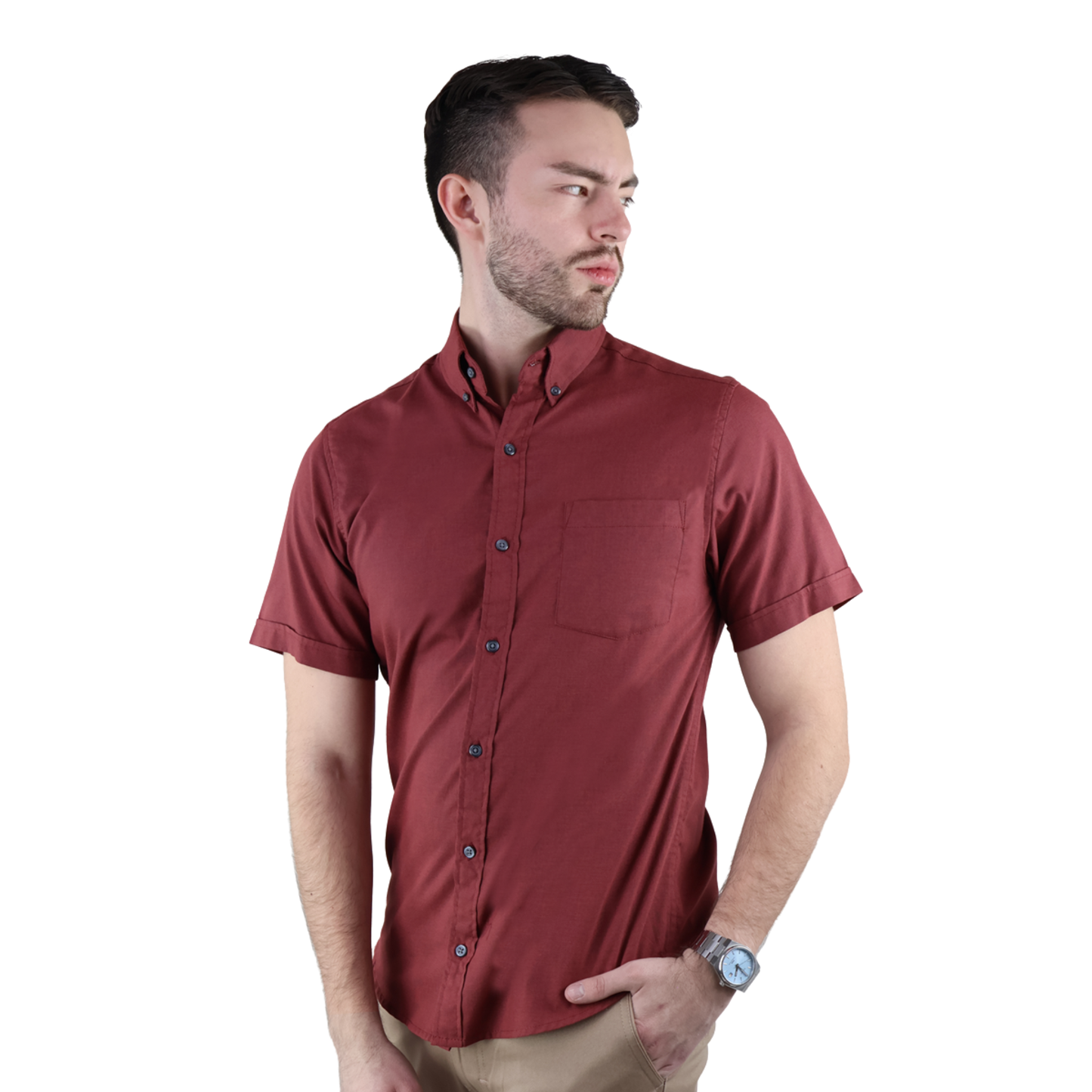 Men's Burgundy Short Sleeve Regular Fit Cotton Shirt