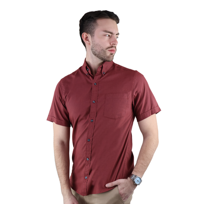 Men's Burgundy Short Sleeve Regular Fit Cotton Shirt