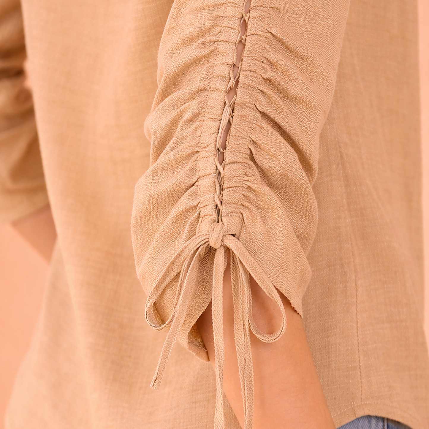 Khaki Blouse Long Sleeve Adjustable Detail Elegant Comfortable