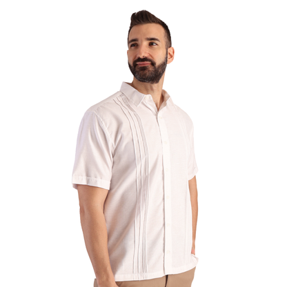 Men's White Short-Sleeve Guayabera with Pin Tucks and Linen Look