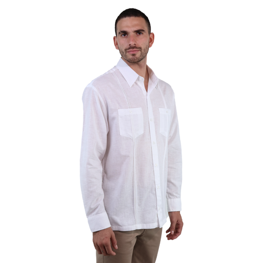 Guayabera Blanca Manga Larga Cuello Italiano Corte Clasico Para Hombre